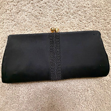 Vintage Black Solid Rectangle Clutch Kiss Lock Lace Accents Lined Gold Hardware