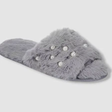 INC International Concepts Women's Gray Pearl Faux-Fur Slippers Shoes Sz 9-10