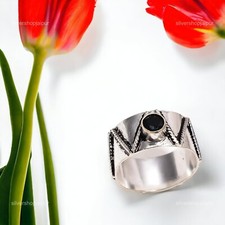 Natural Black Onyx Handcrafted Boho Stackable Engagement Ring Size 6 925 Silver