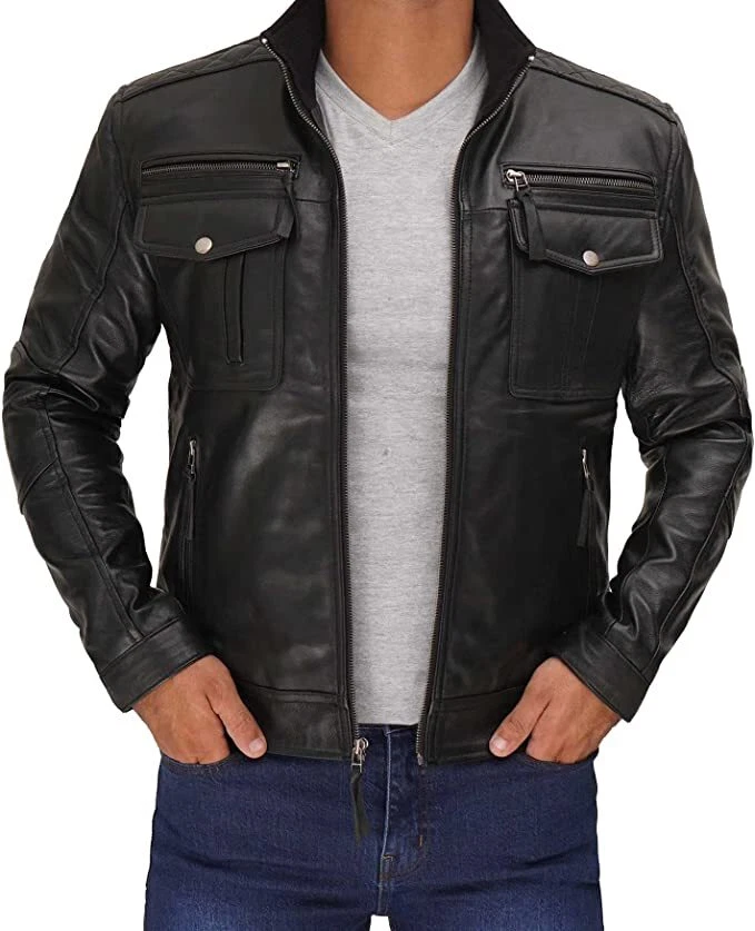 MOSH Mens Genuine Lambskin Leather Back High Quality Double Front Pocket Jacket