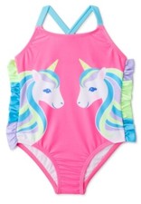 New Baby Girls Neon Ruffled Unicorn 1pc Baby Swimming Swimsuit Size 12mos