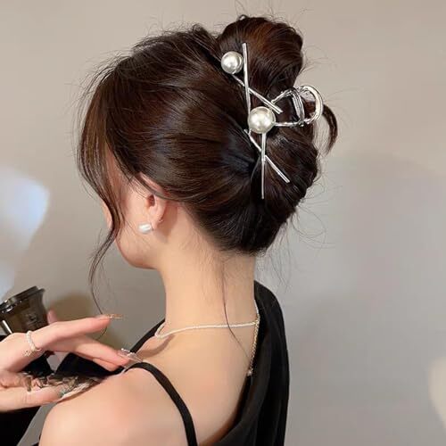 Silver Hair Clips Metal Claw Clips for Women Banana Clip Pearl Hair F - Picture 5 of 7