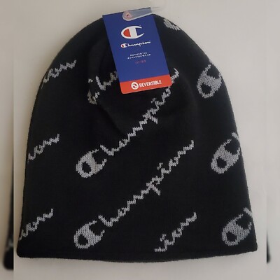 CHAMPION TILT REVERSIBLE BEANIE HATS MEN'S ALL-OVER  SCRIPT LOGO PRINT OS BLACK 