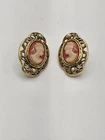 Vintage Cameo Clip On Earrings Gold Tone Red White Costume Jewelry Accessory