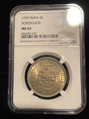 PORTUGUESE INDIA 6 Escudos 1959, NGC MS 64 Pretty Toned Luster, UNC / BU.  C9