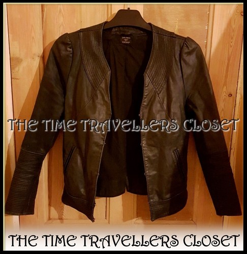 Topshop Kate Moss Distressed Black Leather Ribbed Crop Biker Jacket UK 6-8 36 4 - Picture 5 of 14