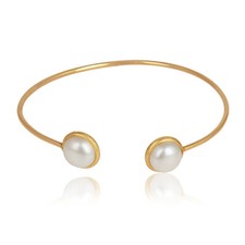 Pearl Gemstone Women's 925 Silver Gold Plated Sleek Cuff Bangle Jewelry