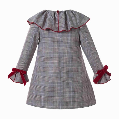 2-8Y Girls Gray Tartan Dress Red Bow Check Plaid Ruffle Collar Dress w/ Headband - Picture 3 of 12