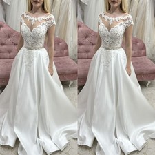 Elegant Wedding Dresses Lace Applique Cap Sleeves Satin Sweep Train Bridal Gowns