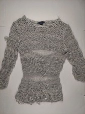 Armani Exchange Womens Large Grey Ribbon Tape Sweater Distressed Crew Neck Sheer