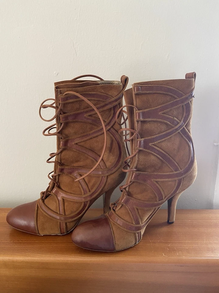 Absolutamente Precioso Vintage Emanuel Ungaro Gamuza Y Cuero Marrón Rico Óxido 37 Foto 4 de 4