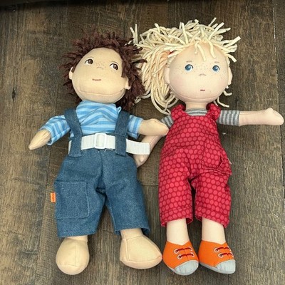 HABA Soft Fabric Dolls Lot of 2 Cassie and Graham 12 Inch Overalls Freckles