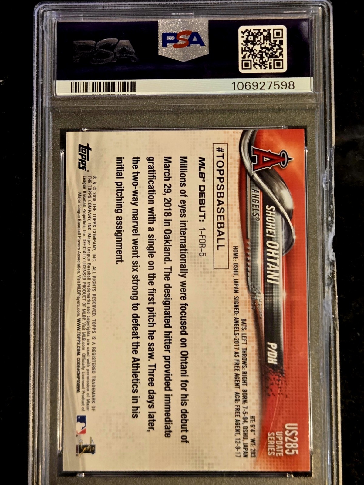 2018 Topps Update Shohei Ohtani ROOKIE  PSA 9 READ DESCRIPTION view 3