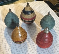 Group Of 5 Antique Wooden SPINNING TOP Toy Metal Tip
