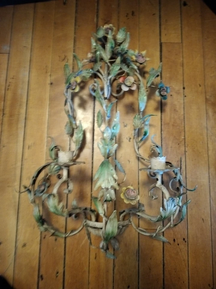 Vintage Italian French Toleware 2 candle Wall Sconce Painted Flowers 21" - Image 2 of 4