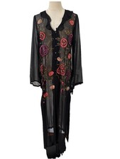 Vtg 90s Sheer Black Duster Floral Embroidered Ruffled Sleeves Sz M Whimsigoth Bo