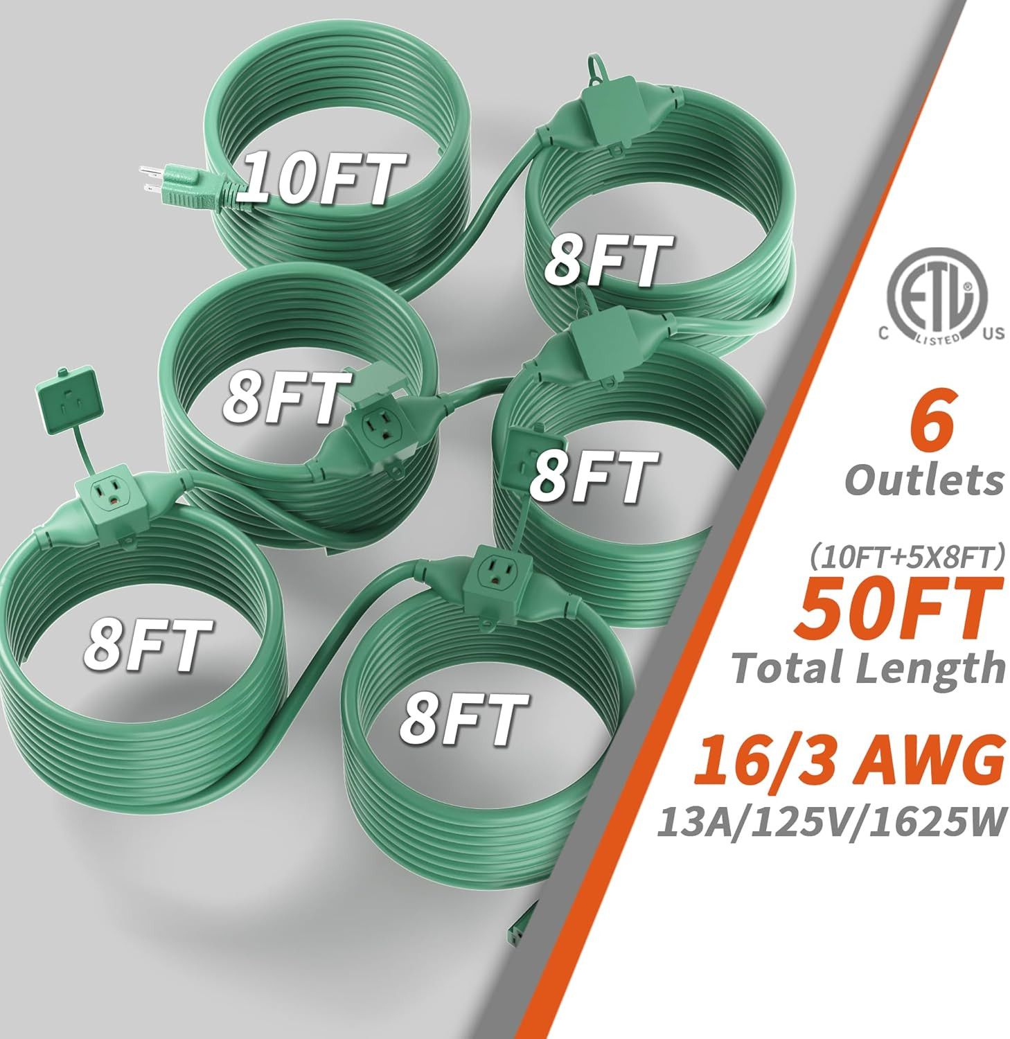 50 FT Green Outdoor Extension Cord with 6 Waterproof Outlets, ETL Listed