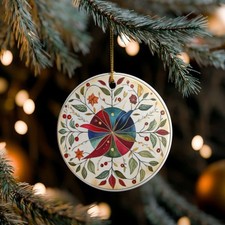 Nordic Floral - 3 Inch Round Ceramic Ornament- Holiday Gift- Tree Decor