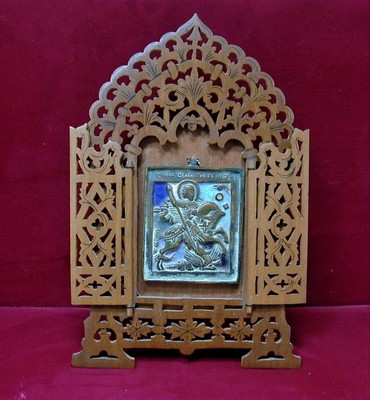 Russian Orthodox Bronze Enamel Old Believers Icon St. George Killing the Dragon