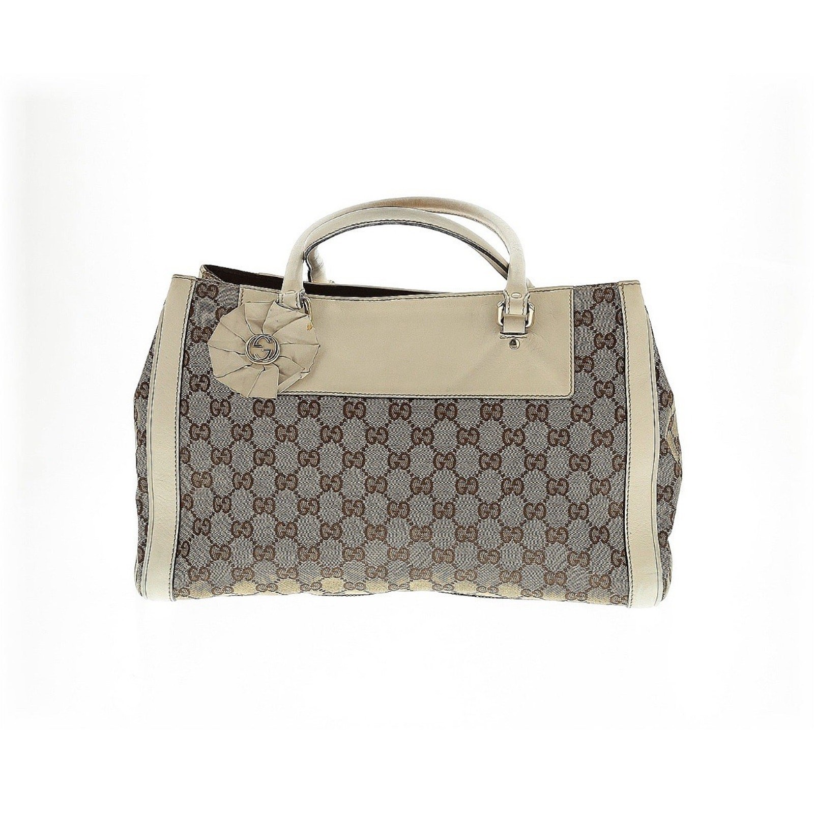 Authentic GUCCI GG Canvas Trophy Tote in Creamy White with Leather Trim EUC