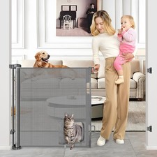 Retractable Dog Gate with Cat Door 55" Wide Retractable Pet Gate with Cat Doo...
