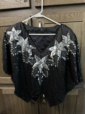 Vintage 1980s Black Silver Sequins Star Top Disco Glam