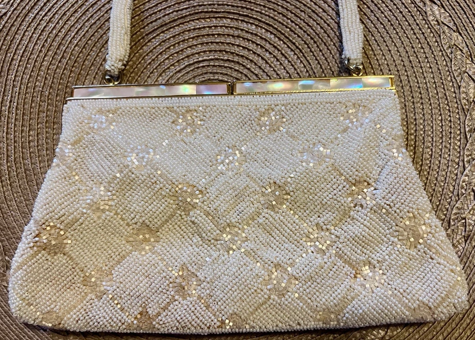 Cartera con cuentas blanca/marfil madreperla cierre cóctel boda noche graduación Foto 2 de 4