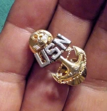 USN Navy US Military Anchor Insignia Badge Pin Gold&Silver-Tone w/ Dual Clasps