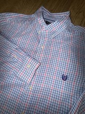 Chaps Button Down Shirt Mens Large Long Sleeve Easy Care Orange Plaid Blue Whit