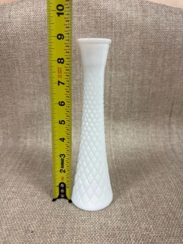 Vintage Randall 9-Inch White Milk Glass Bud Vase Diamond Quilt Pattern