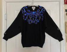 Vintage 80s 90s Embellished Sweater M Black w/ Royal Blue Wool Blend CERVELLE