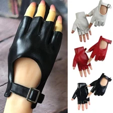Womens Punk Short Leather Gloves Half Finger Fingerless Dance Motorcycle Gloves∽
