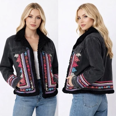 Topshop Moto Jeans Jacke Gr. 36 S mit Teddyfell Damen schwarz pink bunt Muster - Bild 1 von 2