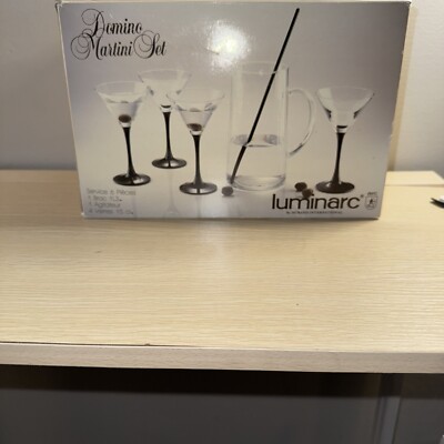 Vtg Luminarc Domino Martini Set w glasses & pitcher etched w Beefeater Gin man