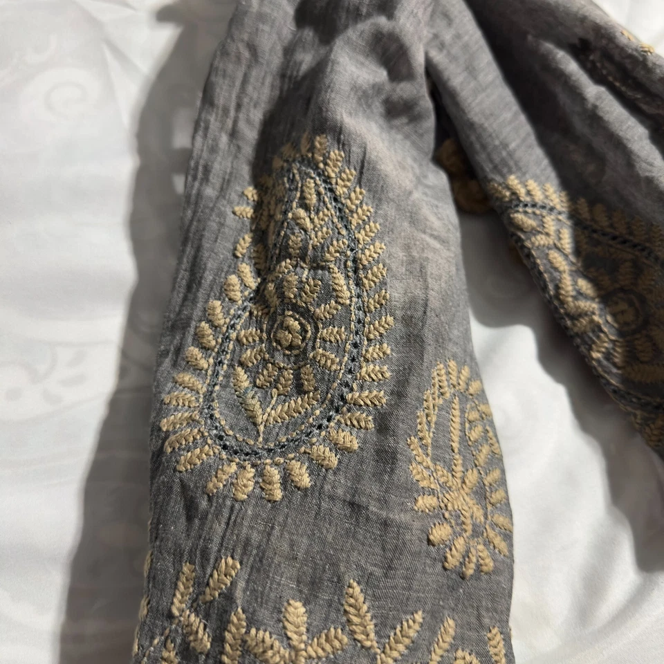 Indigo Handloom Soul Scarf Gray Beige Embroidered Paisley Floral 70x32" Pom Poms - Image 4 of 4