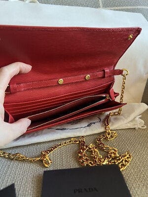 Prada Lacca Red Vitello Move Leather Chain Wallet Crossbody