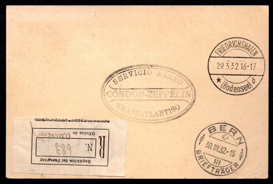 TARJETA POSTAL MEJORADA ZEPPELÍN REGISTRADA PARAGUAY 1932 21 PESOS "ASUNCIÓN" Foto 2 de 2