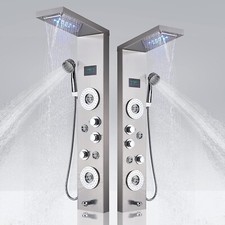 Brushed Nickel Shower Panel Tower System LED Rain Waterfall Shower Head Tub Tap