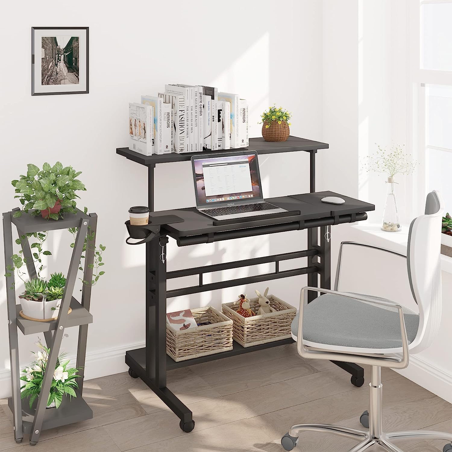 Mobile Standing Desk Adjustable Rolling Computer Desk w 3 Desktops Laptop Table-image