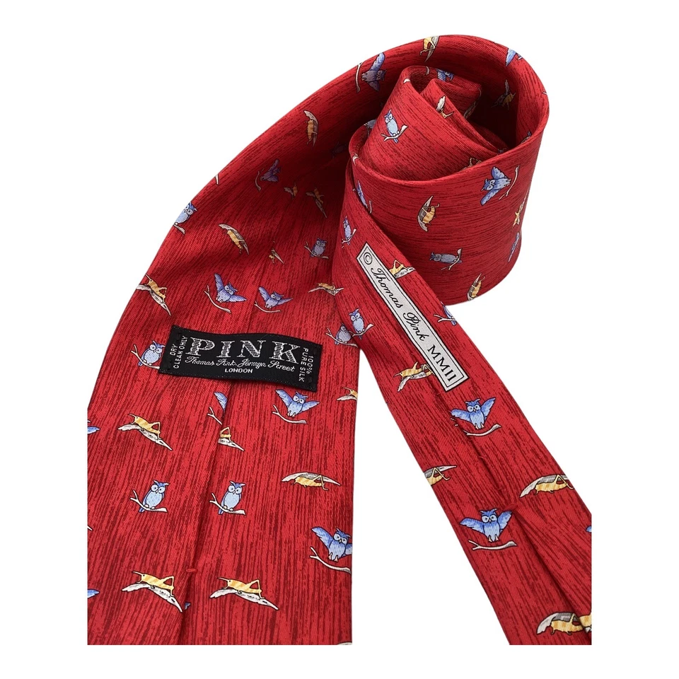 Corbata de seda de diseñador de lujo con estampado de búho rojo y langosta THOMAS PINK con: 3,75" EXCELENTE ESTADO Foto 3 de 4