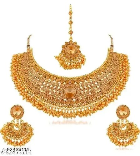 Set gioielli orecchini collana da sposa girocollo Kundan placcato oro indiano Bollywood - Foto 4 di 5