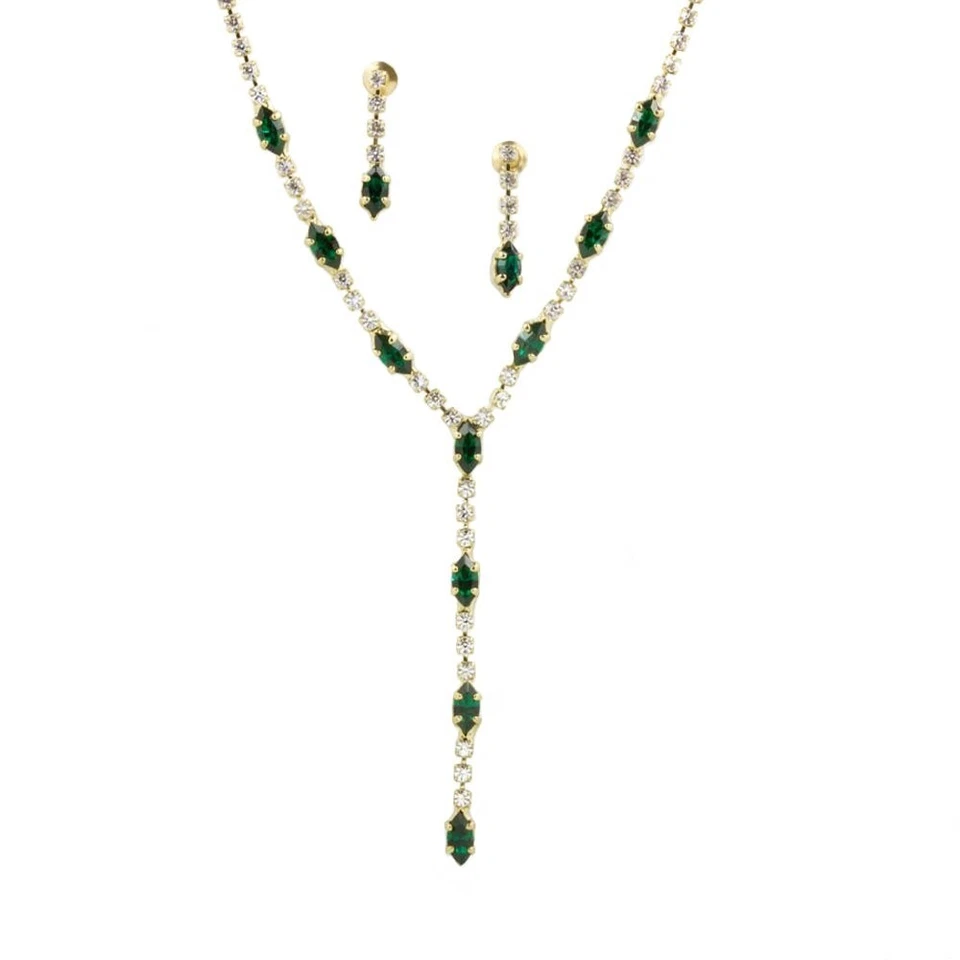 Juego de Collares y Pendientes de Cristal Austríaco Verde Esmeralda y Claro en Forma de Y Foto 4 de 4