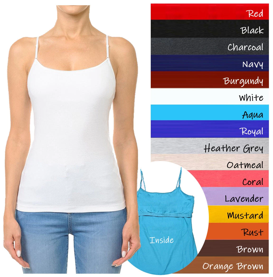 Ambiance Apparel Bra Strap Camisole with Built in Shelf Bra Plain