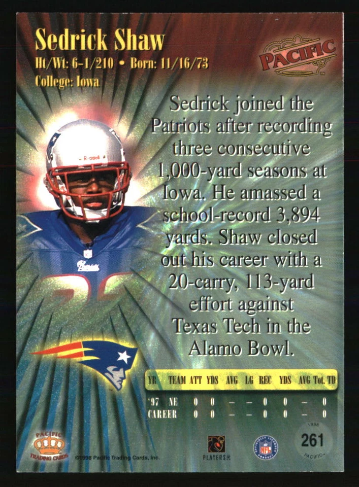Sedrick Shaw 1998 Pacific #261 FOOTBALL Card - Image 2 of 2