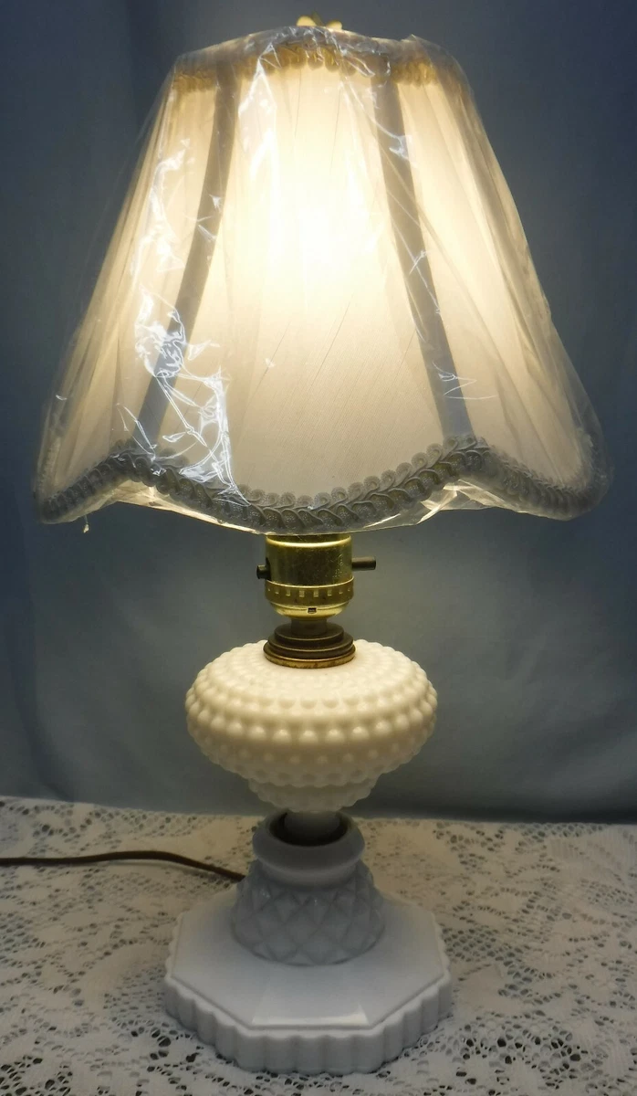Vintage Milk Glass Hobnail Boudoir Vanity Dresser Table Lamp with Shade
