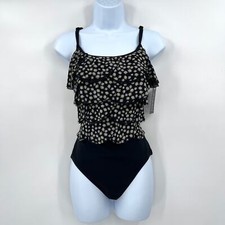 PROFILE BY GOTTEX One Piece Swimsuit Women 10 Black Daisy Ruffle Scoop Neck New