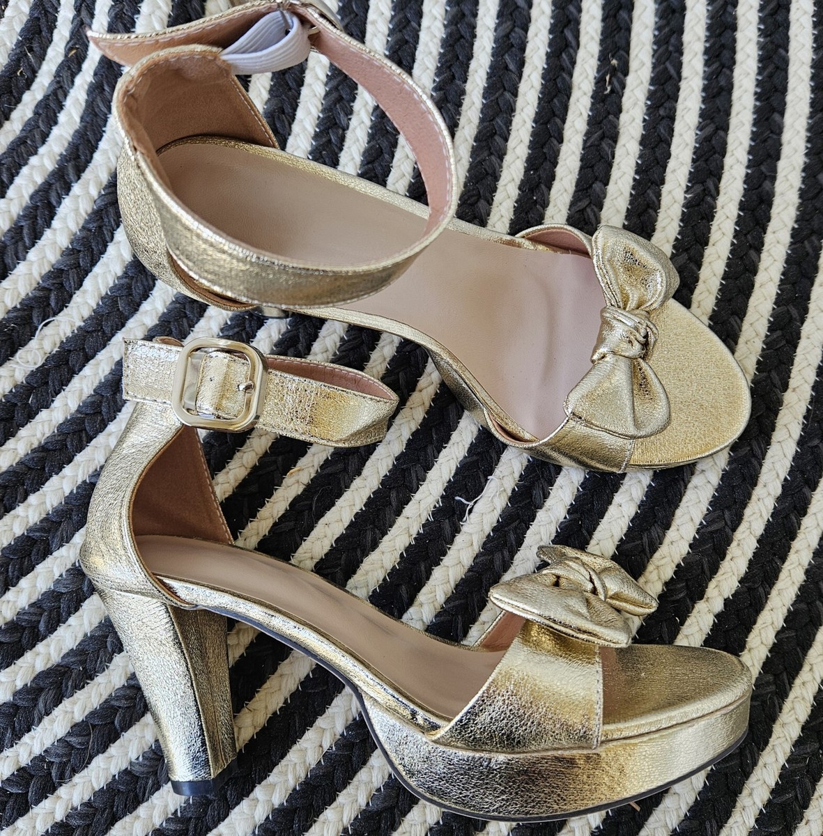 Metallic Champagne Gold Ankle Strap Comfortable Platform Open Toe Bow Heels  40