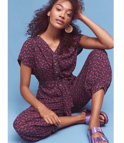 ANTHROPOLOGIE MAEVE Geoscope Jumpsuit Sz XS Purple Printed Rayon Button  Front | eBay
