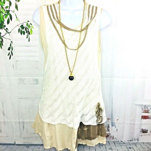 Womens-Blouse-Top-Forla-Paris-Boho-Sleeveless-Tan-White-Tunic-Knit-Artsy-Medium