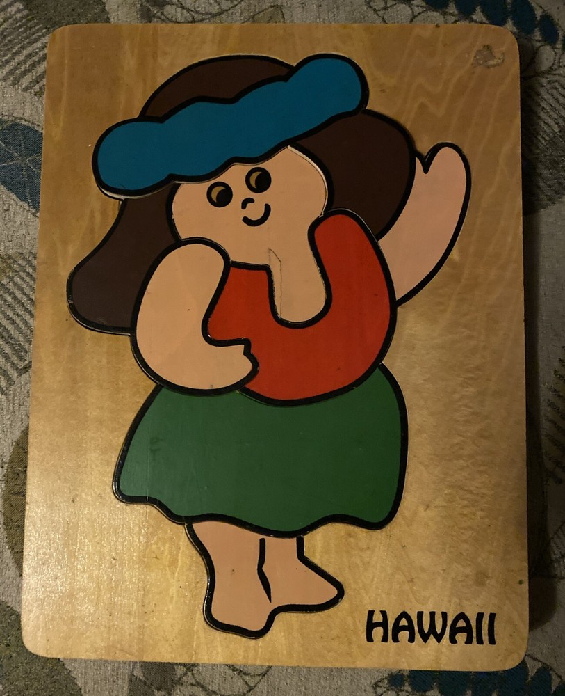 HAWAIIAN GIRL HULA DANCER vintage wooden puzzle HAWAII children's toy 7 pieces